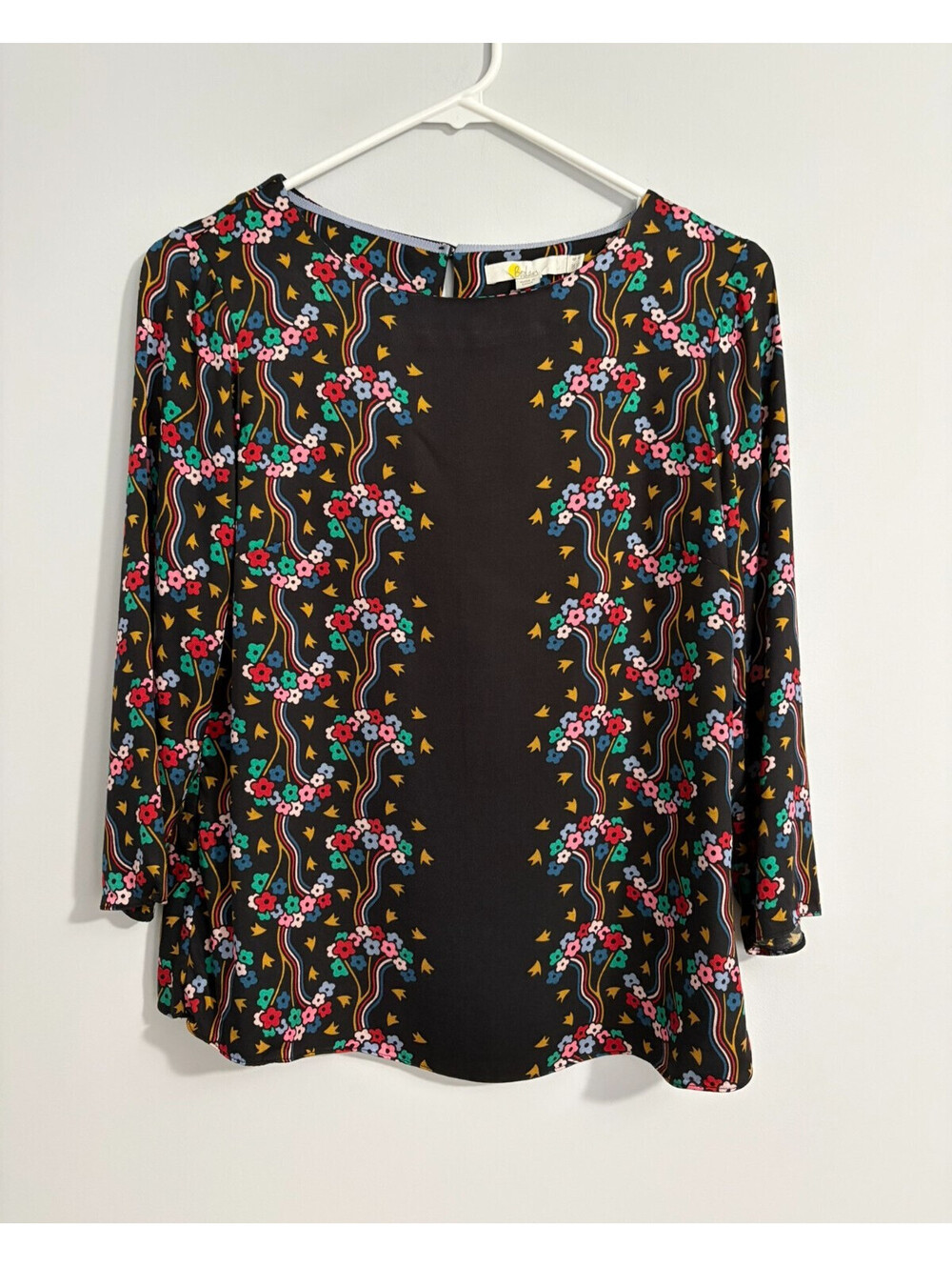 Boden Blouse 3/4 Sleeve Round Neck Black with Floral US Sz 4/UK Sz 8 Viscose